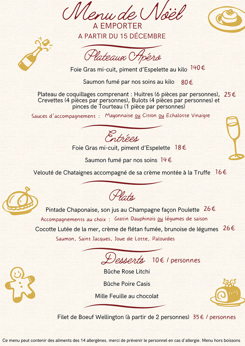 Menu de Noël 2024 à emporter